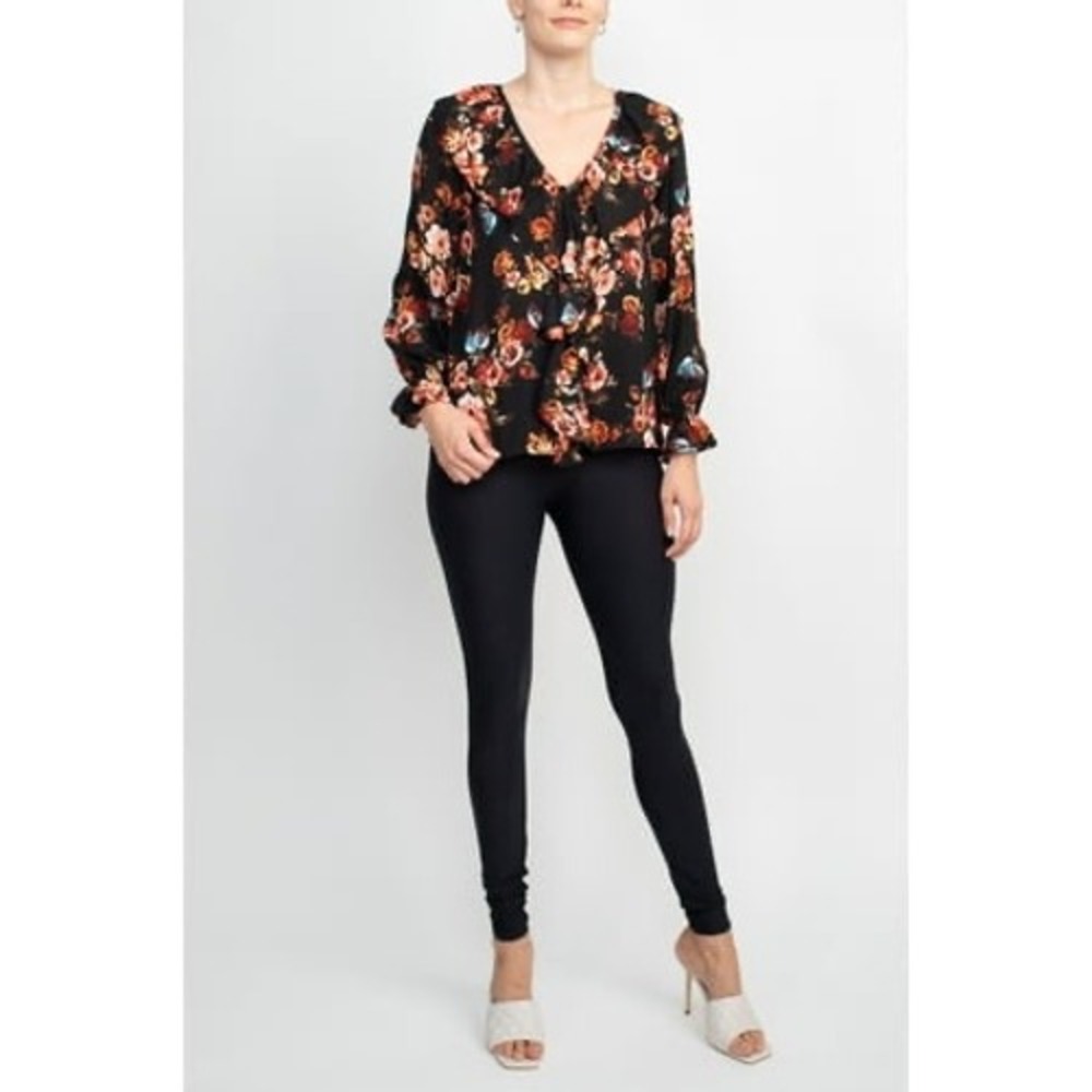 515.Counterparts Ruffled V-Neck Long Sleeve, Black Multi Print Crepe Top. Size L - Picture 3 of 4